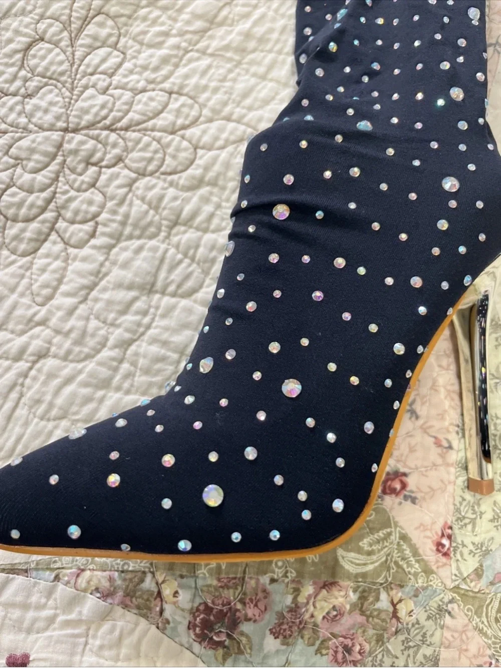 Black Rhinestone Over-the-Knee Stiletto Sock Boots